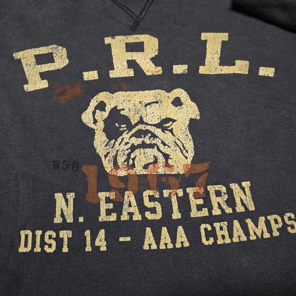 Polo Ralph Lauren Sweatshirt Medium Blue Crewneck Bulldog Distressed Faded - Picture 6 of 8